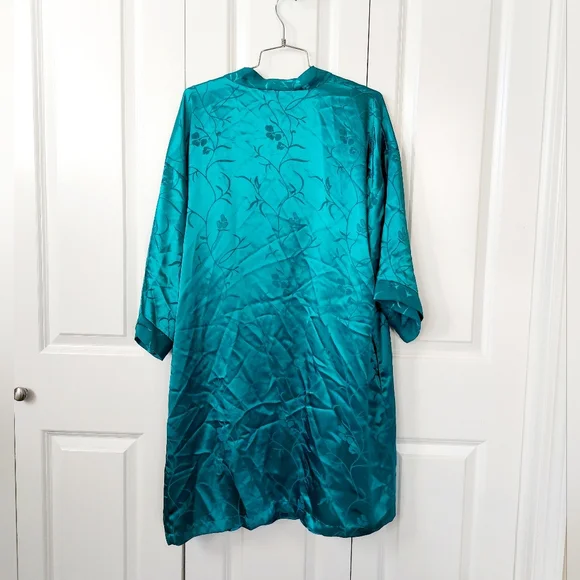 2pc Turqouise Nightgown Robe Boudoir Set Large Inner Most Floral Weave 80s Glam - Picture 3 of 6